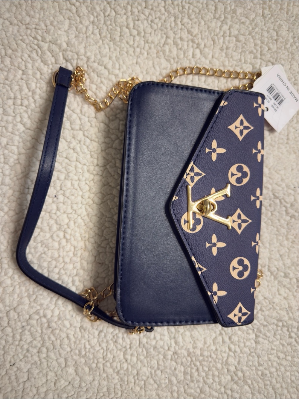 Women's Navy Floral Logo-Print Crossbody Bag with Gold Chain